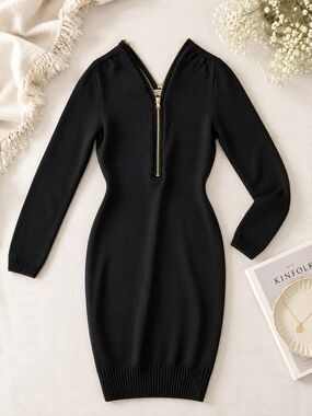 D. Exterior Italian Wool Knit Midi Dress Black Half Zip